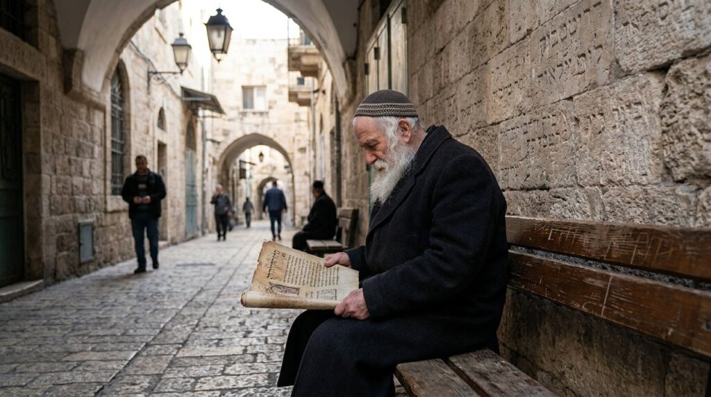 Old man in traditional Jewish attire reading scroll in Jerusalem.
