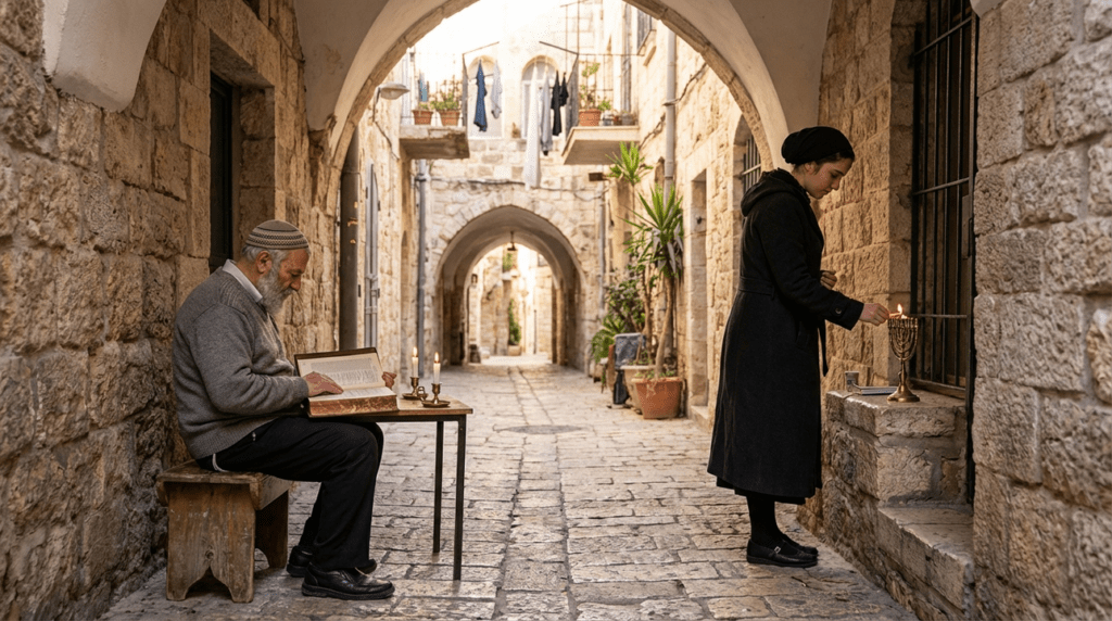 Elderly man reads book by candles, young woman lights menorah in Jerusalem alley.