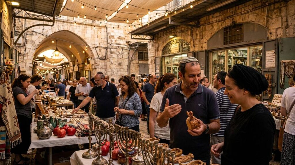 Diverse crowd shopping in Jerusalem market with traditional Jewish items.