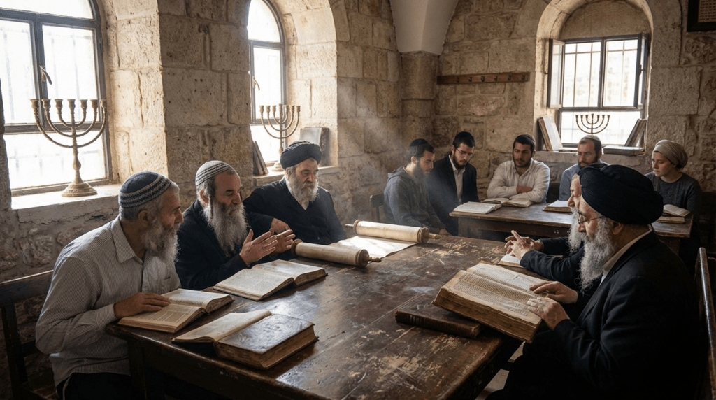 Group studies ancient texts in a Jerusalem synagogue with menorahs.