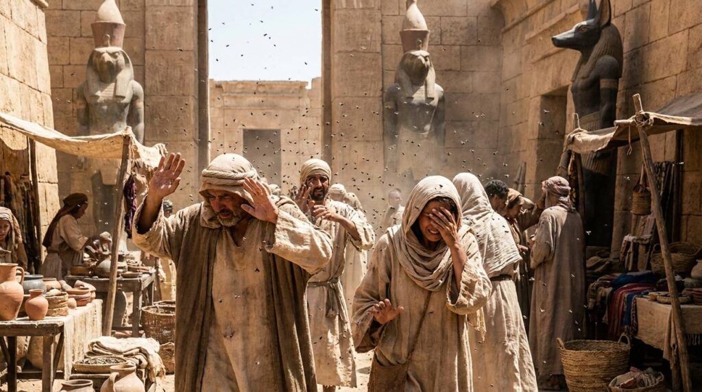 Marketplace with people swarmed by flies near Egyptian stone statues.