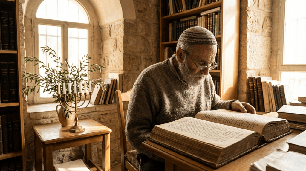 Elderly Jewish man reading Hebrew Bible in a sunlit, book-filled room.