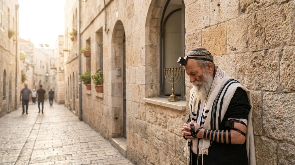 Jewish man in kippah praying on a stone street near a menorah.