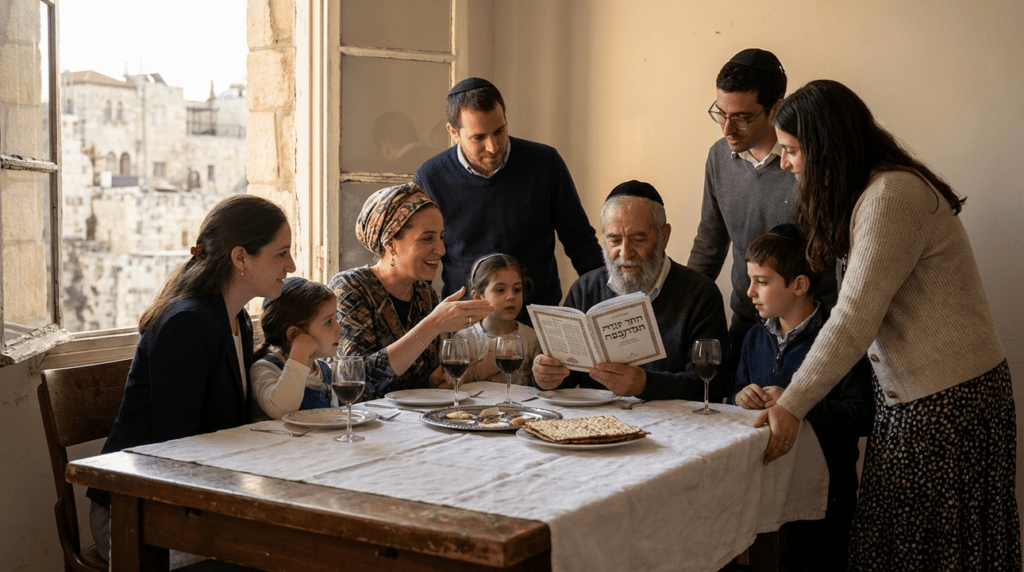 Jewish family celebrating Passover around a table in Jerusalem.