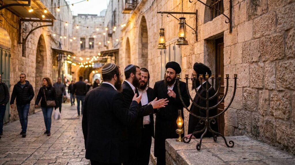 Group of individuals discussing near menorah in ancient Jerusalem street.