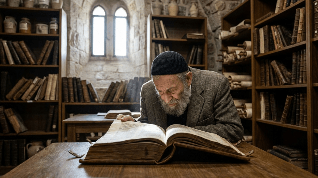 Elderly scholar in kippah studies Aleppo Codex in ancient library.