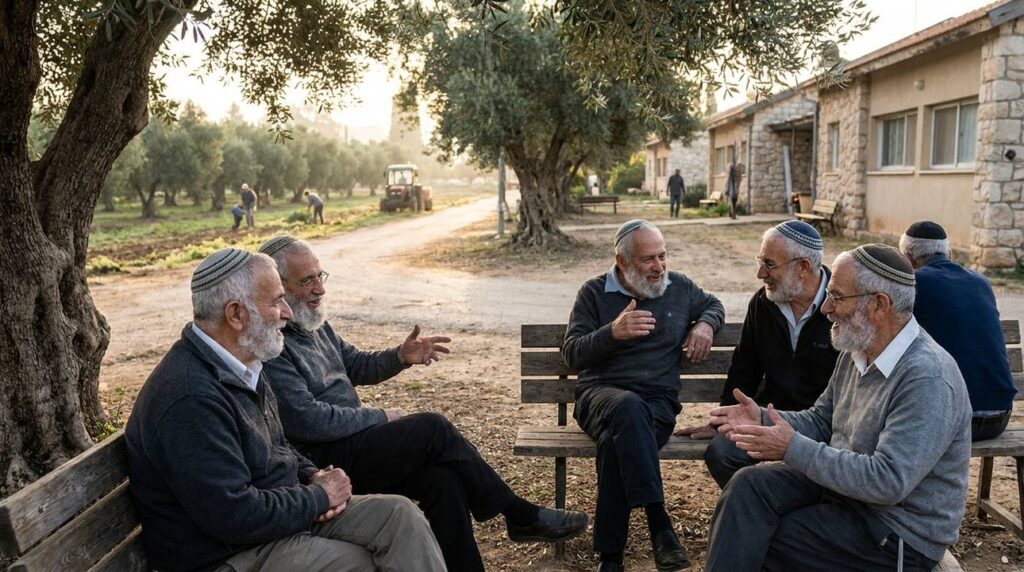 Elderly men in kippahs discussing on wooden benches in olive grove.