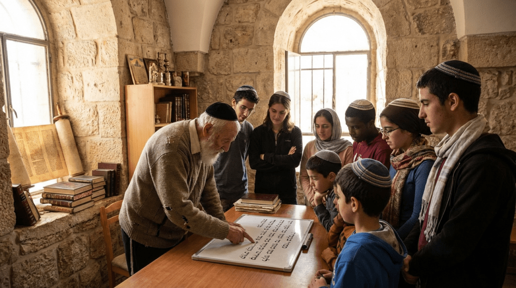 Elderly man teaching Hebrew to young students in stone-walled classroom.