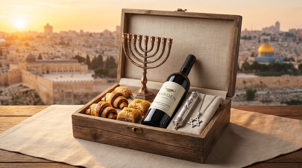Image illustrating: Wooden box with menorah, wine, pastries, and religious items.