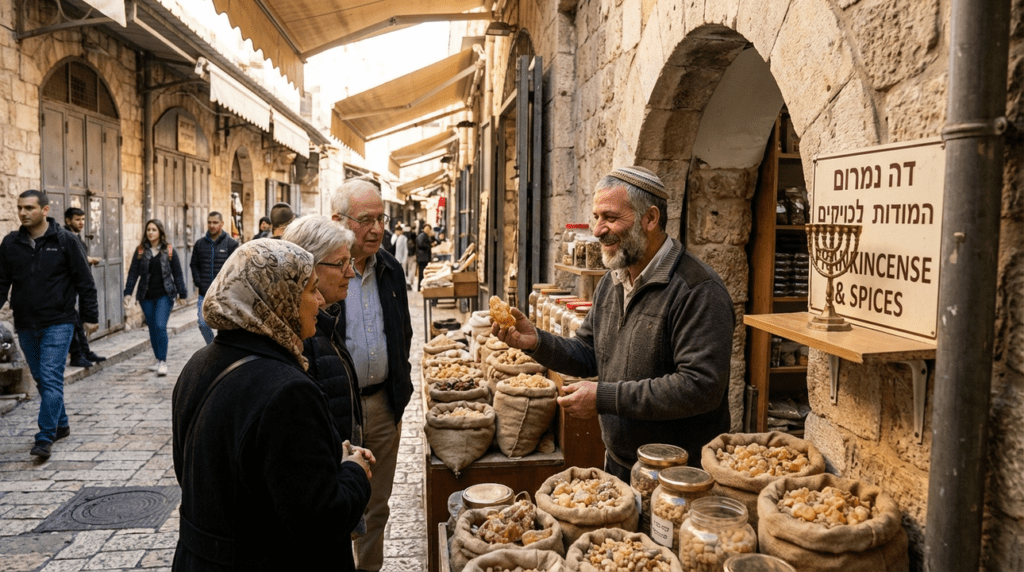 Vendor sells frankincense in Jerusalem's old market, surrounded by customers.