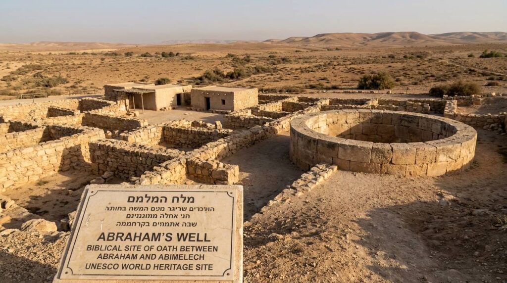 Ancient ruins of Tel Be’er Sheva with surrounding desert landscape.