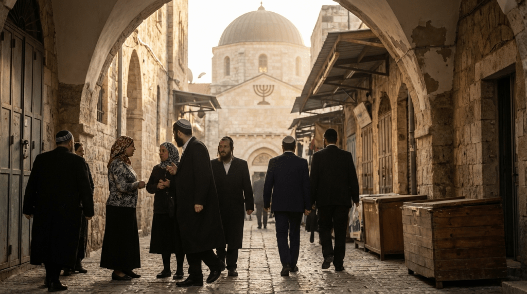 Early morning in Jerusalem with locals near a synagogue silhouette.