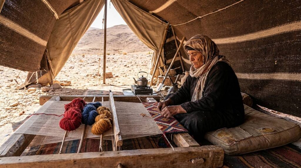 Bedouin artisan weaving a traditional rug in a desert tent.