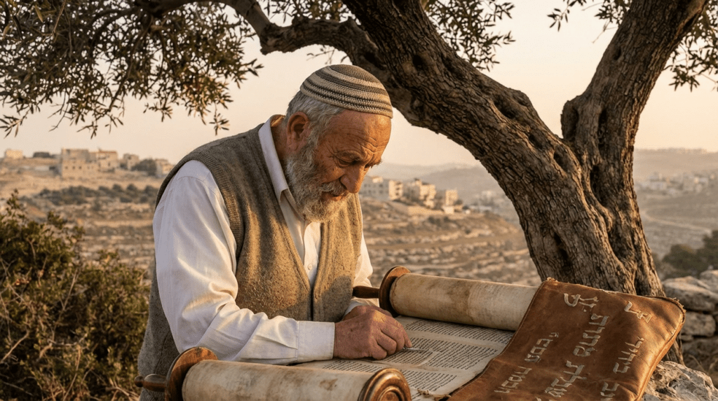Elderly Jewish man reading Torah under an olive tree in Samaria.