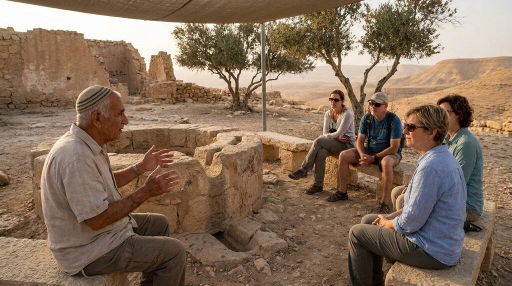 Elderly man in kippah narrating to visitors by ancient stone ruins.