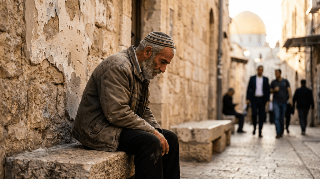 Elderly Jewish man in kippah, thinking on a bench in Jerusalem.