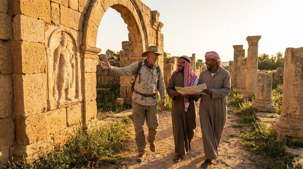 Explorer and local guides walking through sunlit ancient Sheban ruins.