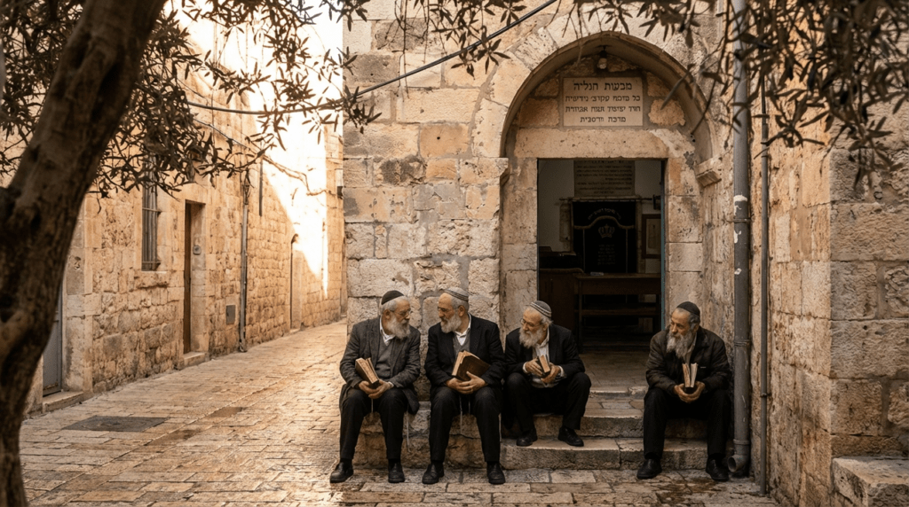 Elderly men in kippahs discuss scriptures near Jerusalem synagogue at dawn.