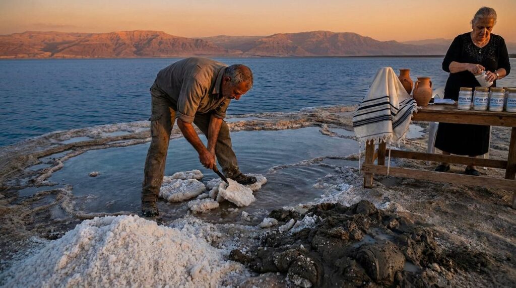 Artisan harvesting salt at Dead Sea during sunset.