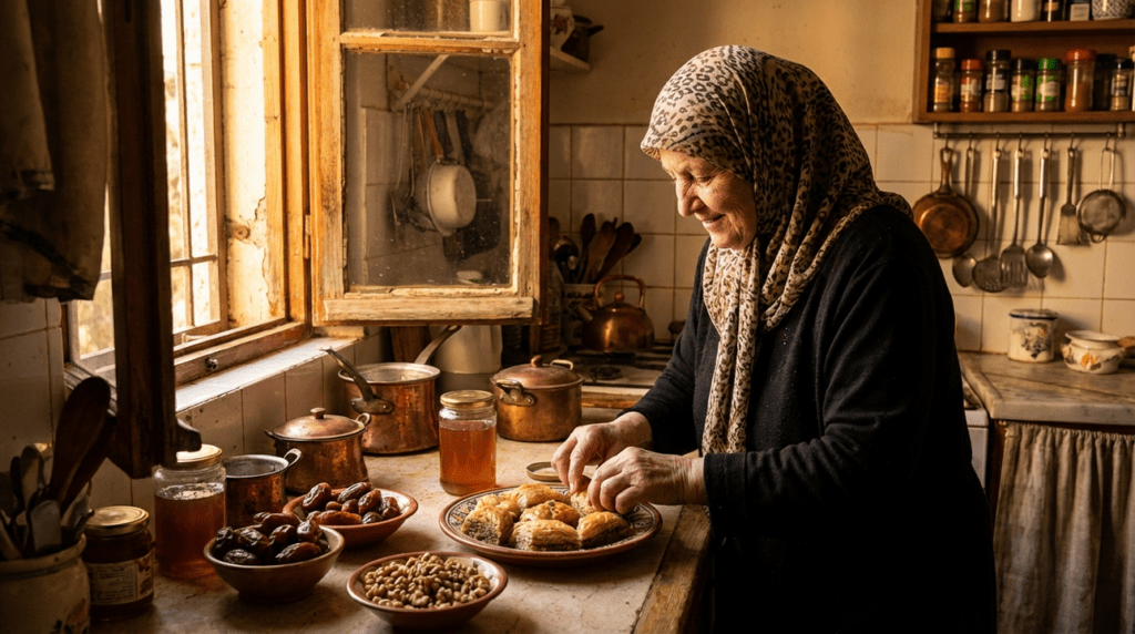 Elderly Jewish woman preparing baklava in a cozy Jerusalem kitchen.