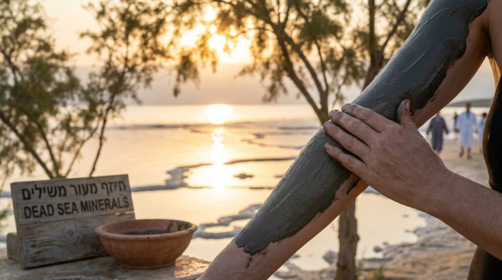 Golden morning light on Dead Sea, mud applied on arm, olive trees in background.