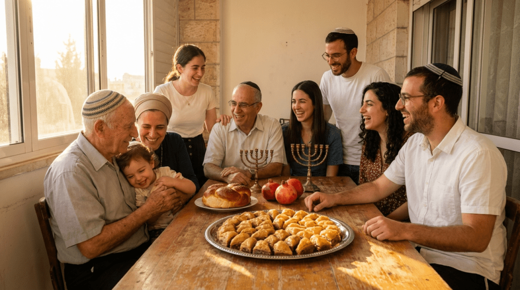 Family celebrating Rosh Hashanah with food and decorations in Israel.