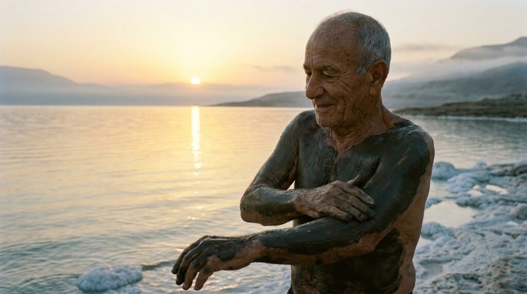Elderly man applying mud on arms by serene Dead Sea at sunrise.