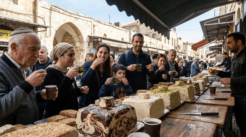 Stall in Israeli market displaying halva, people enjoying treats nearby.