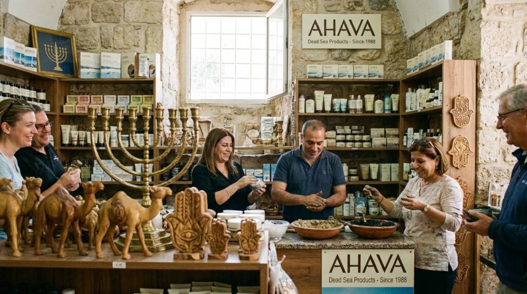 Family-owned Dead Sea product shop in Israel with customers and cultural decor.