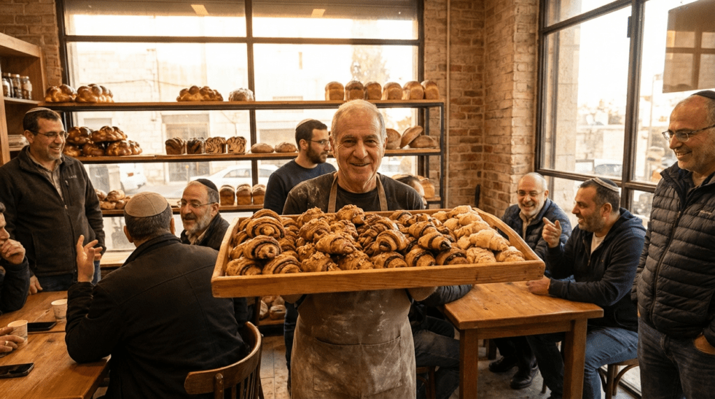 Baker displays rugelach in bustling Jerusalem bakery with diverse customers.