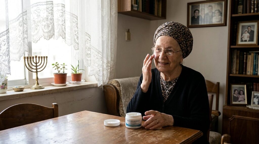 Elderly Jewish woman applying skincare cream near window with menorah.