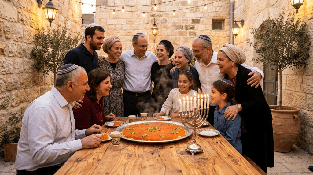 People of various ages in Israel celebrating around a table with Kanafeh.