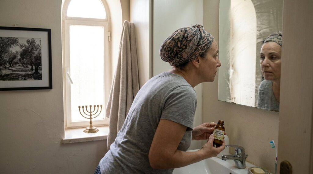 Middle-aged Jewish woman examining skincare product in her bathroom.
