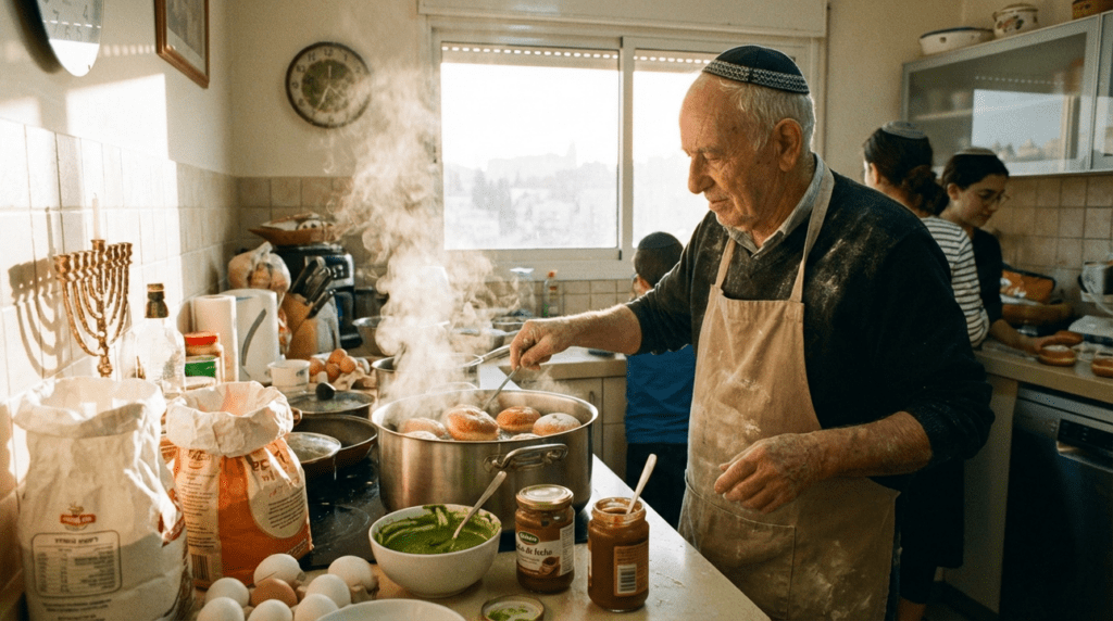 Elderly Jewish baker frying sufganiyot in a traditional Israeli kitchen.