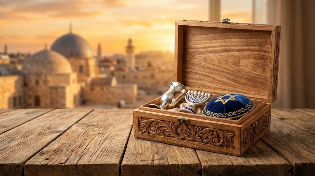 Image illustrating: Wooden box with Judaica items on table, cityscape background.