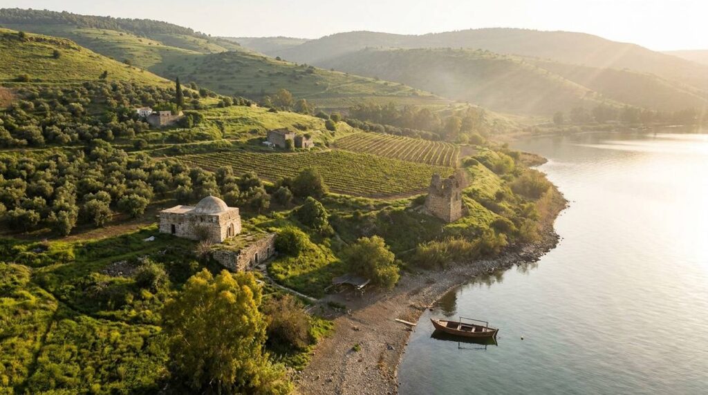 Serene Galilee landscape with greenery, tranquil waters, and ancient architecture.