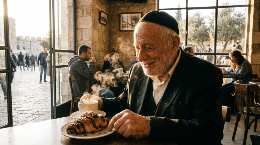 Elderly Jewish man eating rugelach and drinking coffee in Jerusalem café.
