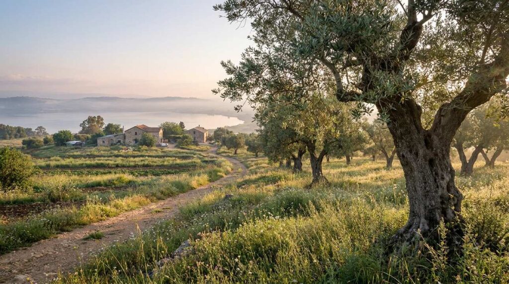 Dawn light over ancient olive groves and hills in Galilee.