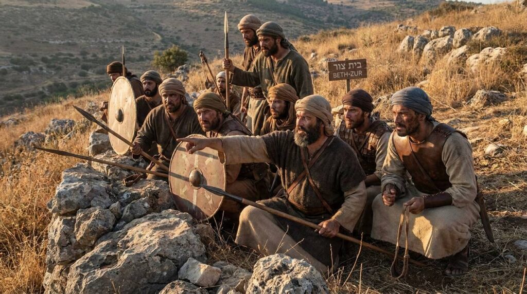 Jewish fighters in period attire strategizing in Galilee hills.