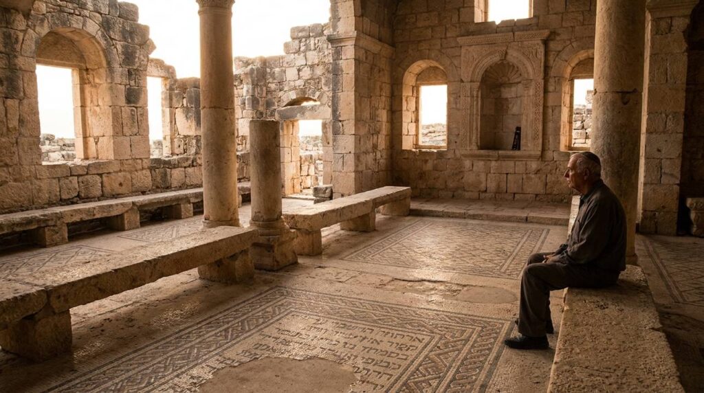 Ancient synagogue in Galilee with mosaic floors and stone benches.