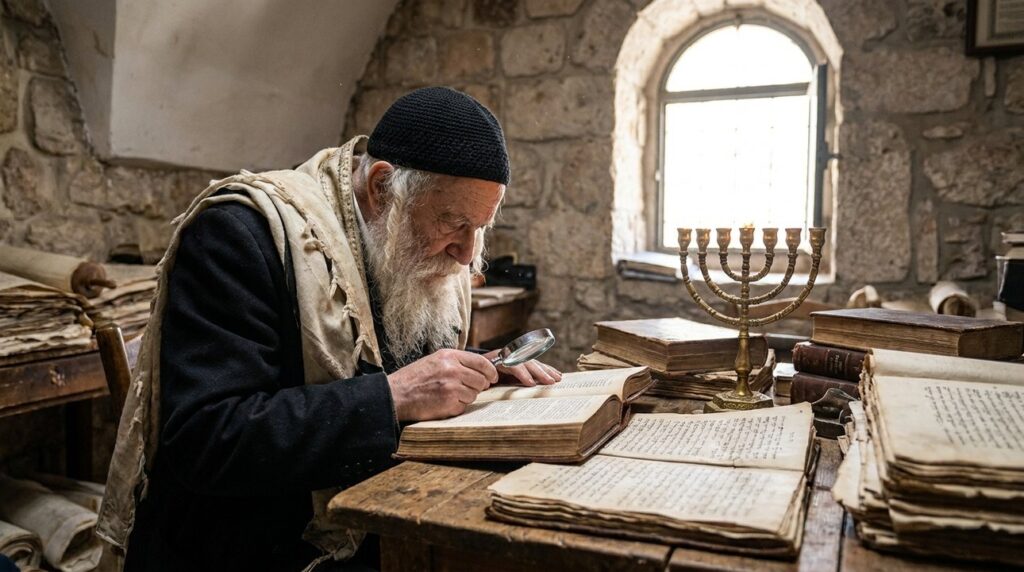 Elderly Jewish man in traditional attire reading ancient texts at a table.