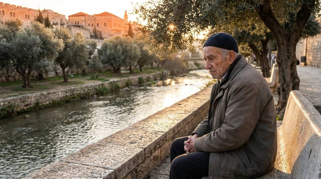 Elderly Jewish man in kippah sitting by river in Jerusalem.