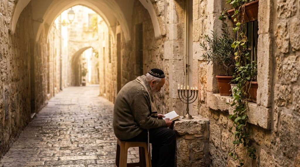 Person in traditional Jewish attire reading scriptures by a menorah in a serene Jerusalem alley at dawn.