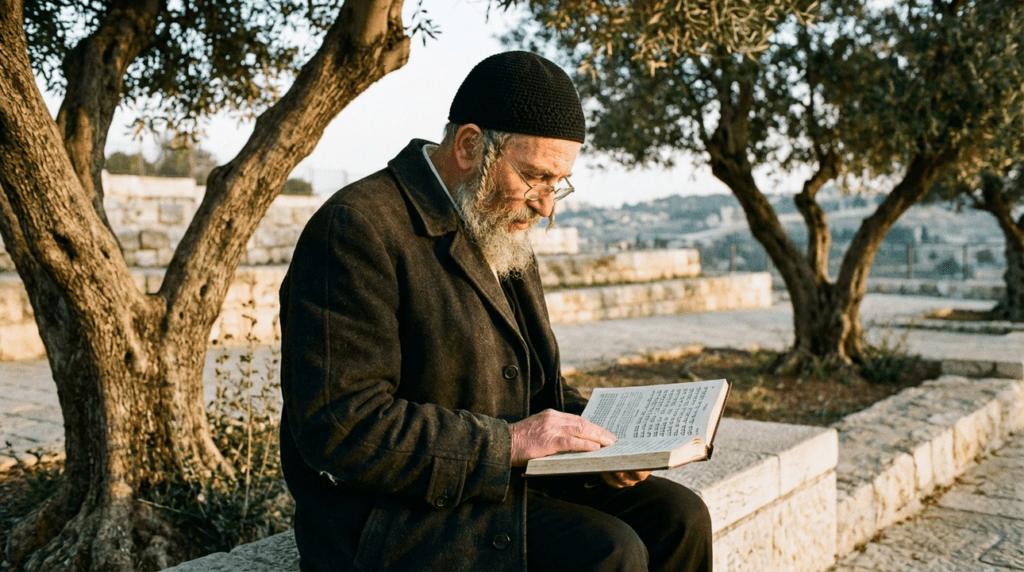 Elderly Jewish man reading the Bible in an olive grove.