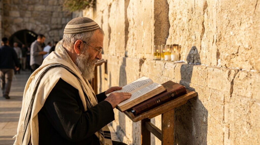 Elderly Jewish man reading Zohar by Western Wall at sunset.