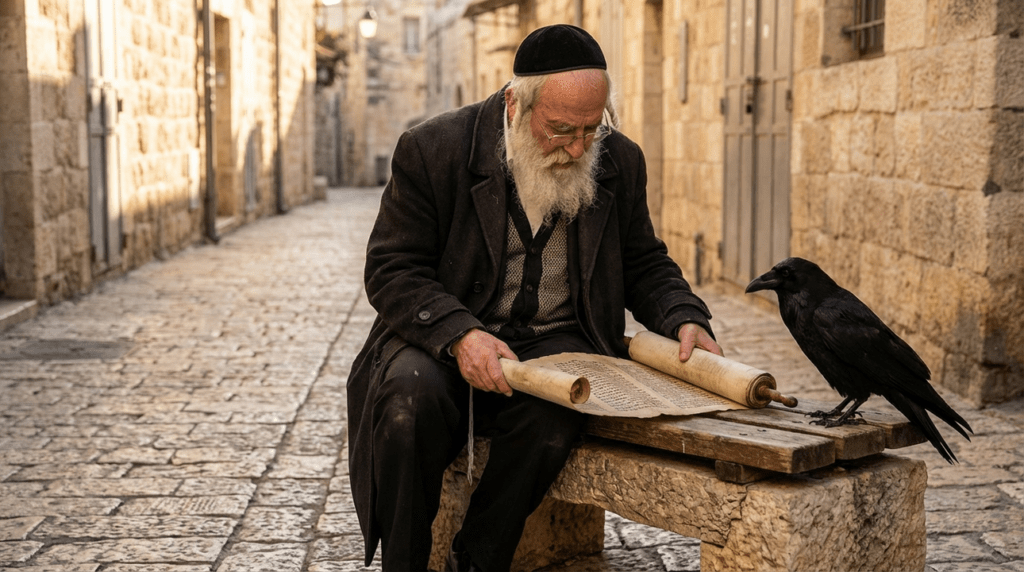 Elderly Jewish man reading ancient scroll on stone bench with raven.