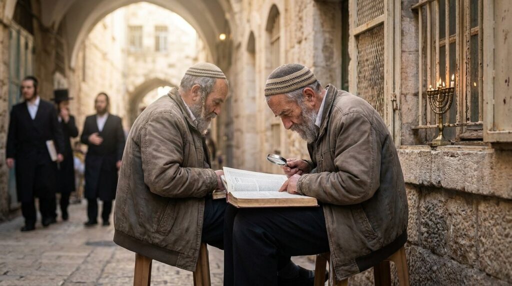 Elderly Jewish man reading Talmud in ancient Jerusalem alley.