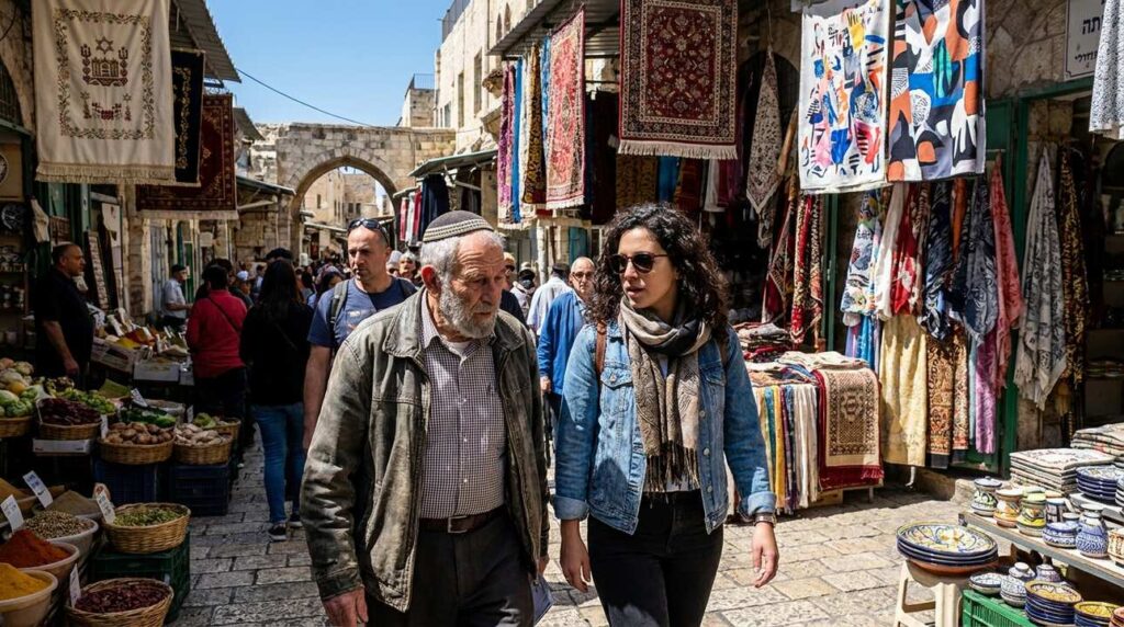 Elderly man in kippah and stylish young woman in Jerusalem market.