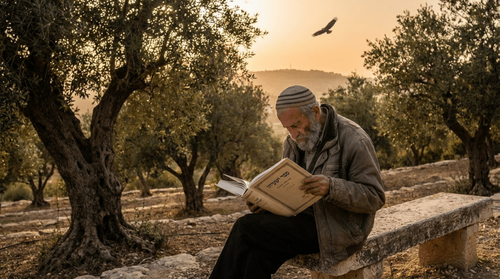 Elderly Jewish man reading Isaiah in olive grove, eagle soaring.