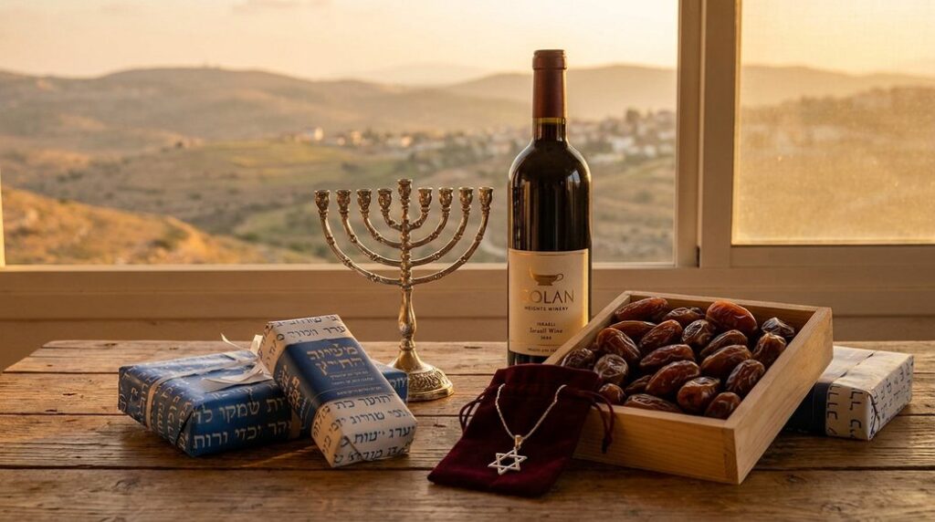 Image illustrating: Wine, menorah, dates, gifts, star pendant, overlooking hilly landscape.